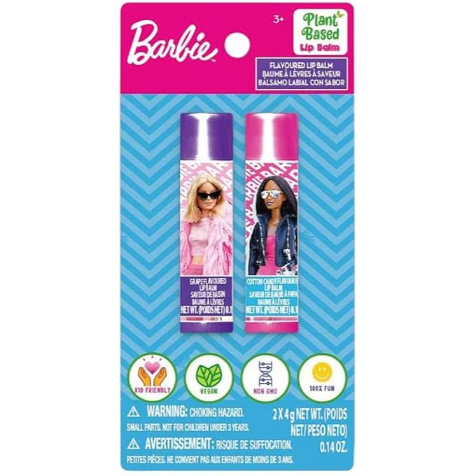 BARBIE 2 LIP BALM WITH FLAVORS INCLUDE BLUE BLUEBERRY AND PINK COTTON CANDY - LIP BALM ON CARD - 2 SHIMMERY LIP BALMS - Image 3